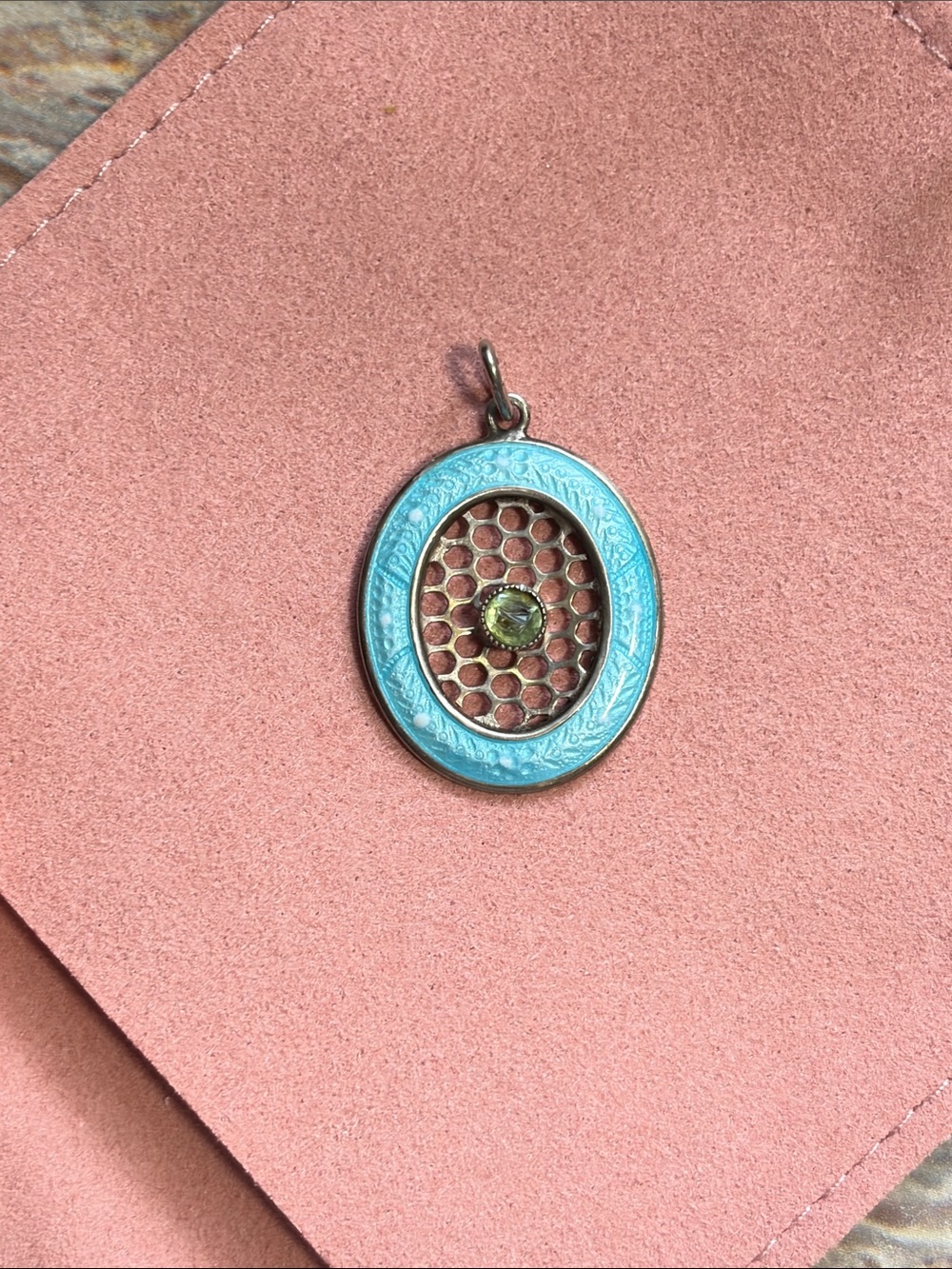 Art Deco Sterling Silver Light Blue Guilloche Enamel, Glass CabochonOval pendant - Picture 2 of 9